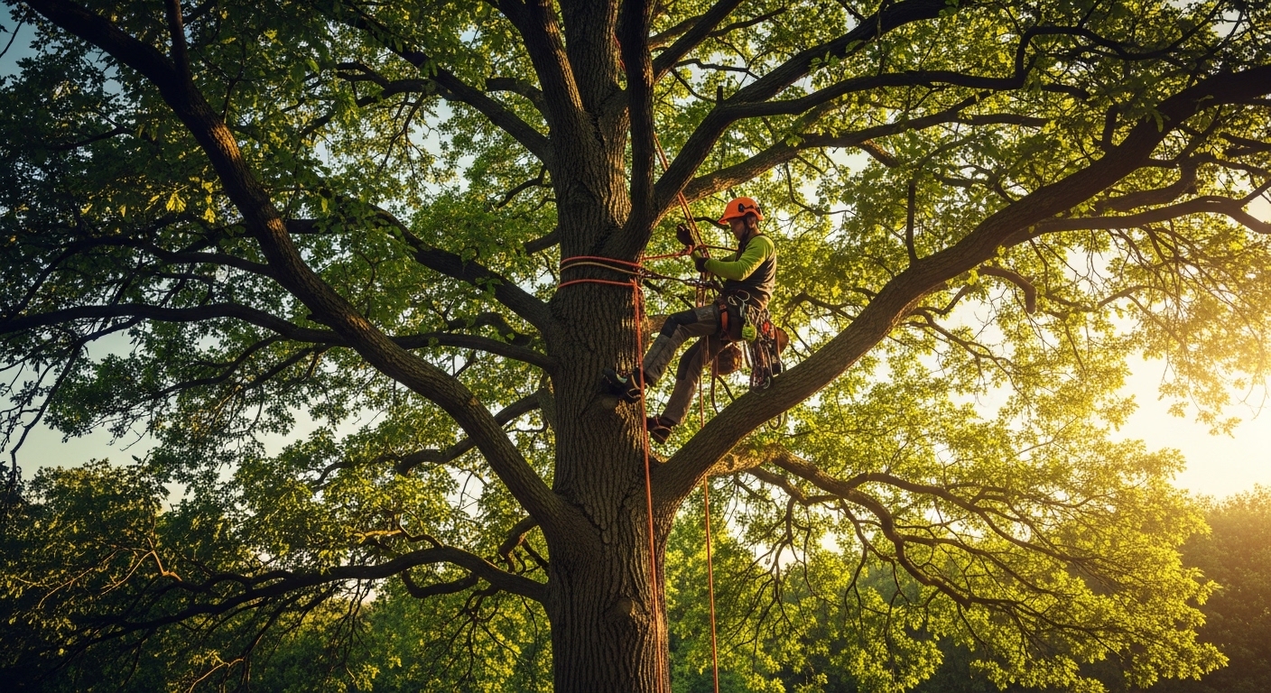 Professional arborist working in a tree canopy